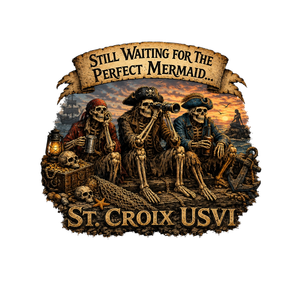 Still Waiting for the Perfect Mermaid™ Pirate Skeleton T-Shirt | St. Croix USVI