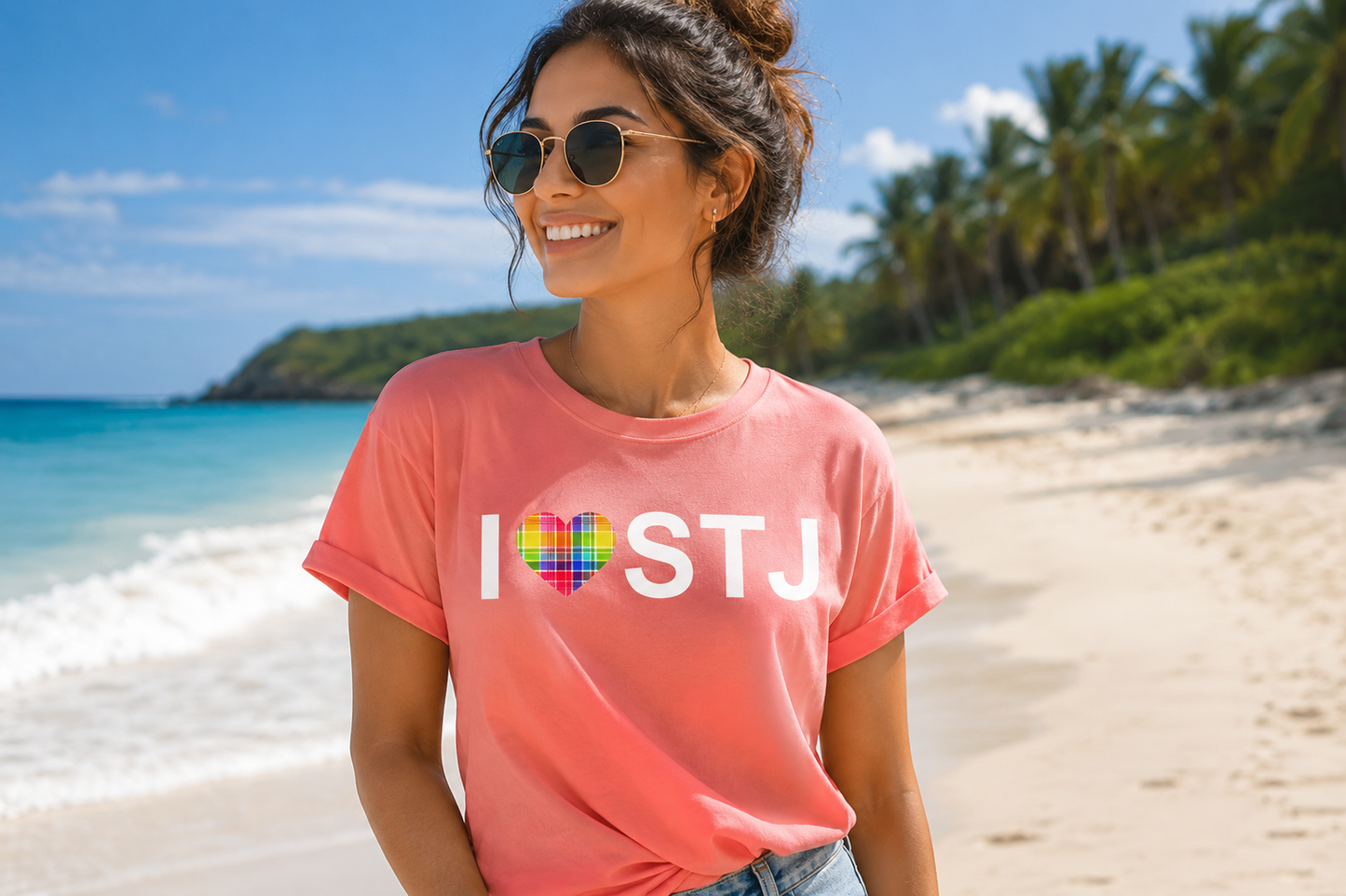 I ❤️ STJ Madras Heart Premium Tee – St. John USVI Island Pride Shirt