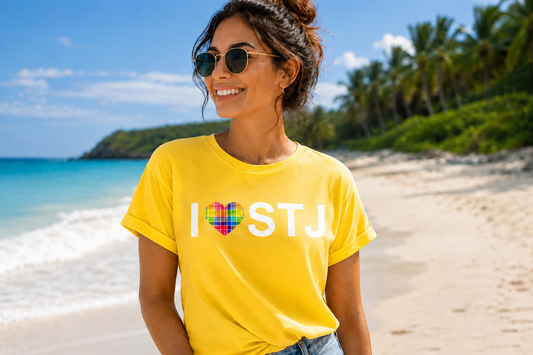 I ❤️ STJ Madras Heart Premium Tee – St. John USVI Island Pride Shirt