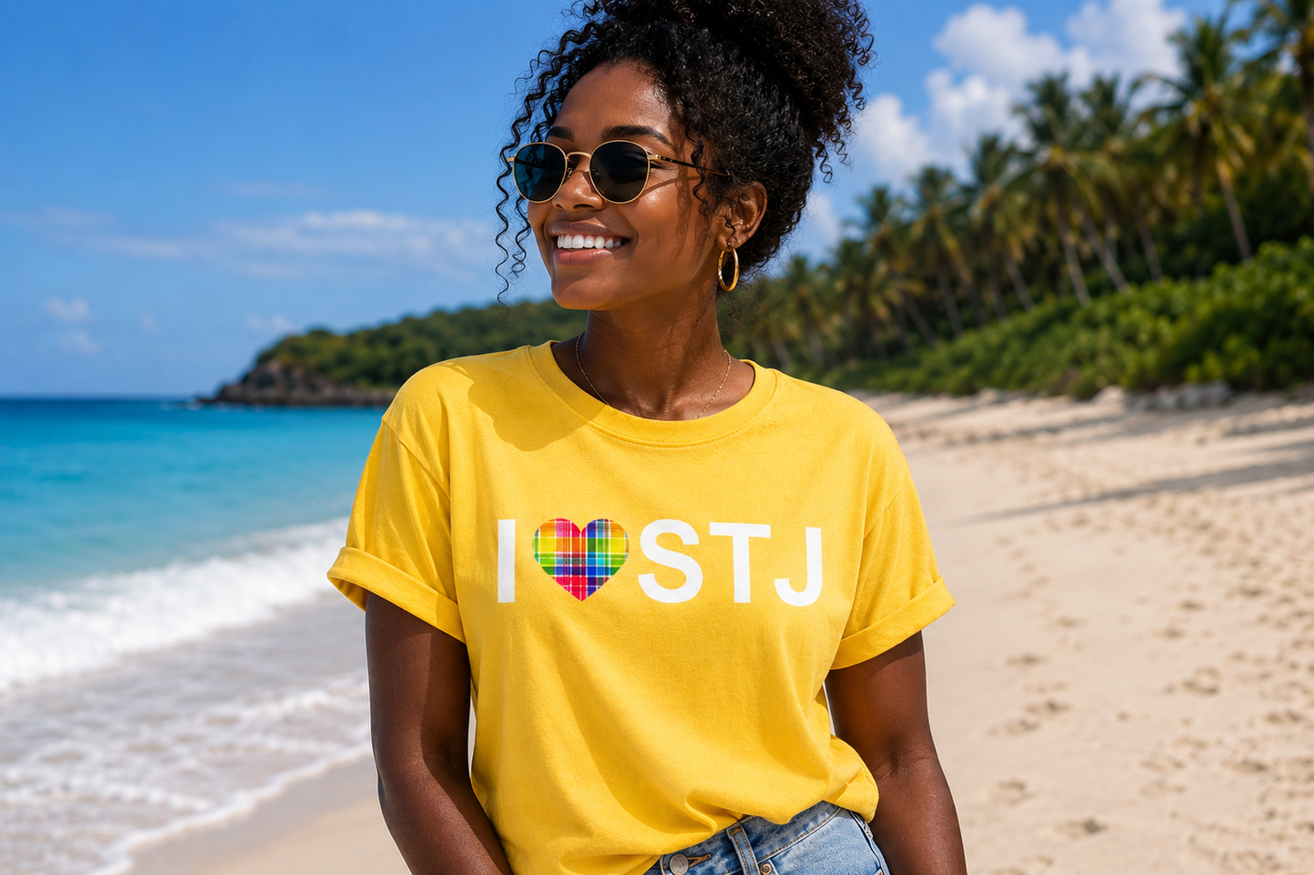 I ❤️ STJ Madras Heart Premium Tee – St. John USVI Island Pride Shirt