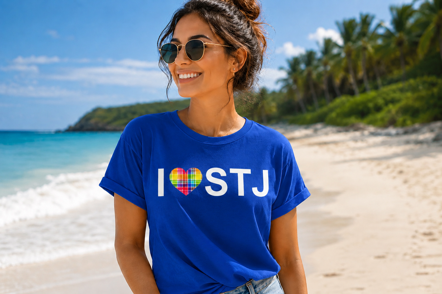 I ❤️ STJ Madras Heart Premium Tee – St. John USVI Island Pride Shirt