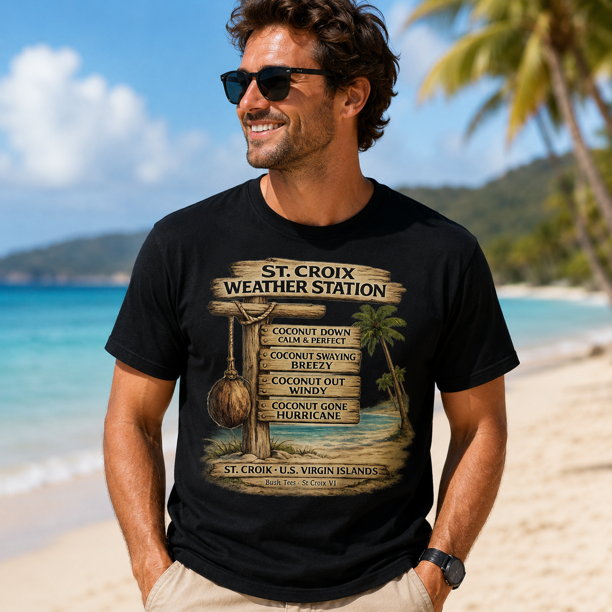 St. Croix Weather Station T-Shirt – Coconut Gone Hurricane Funny Island Tee | Bush Tees USVI
