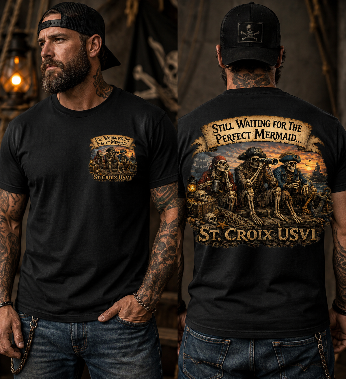 Still Waiting for the Perfect Mermaid™ Pirate Skeleton T-Shirt | St. Croix USVI