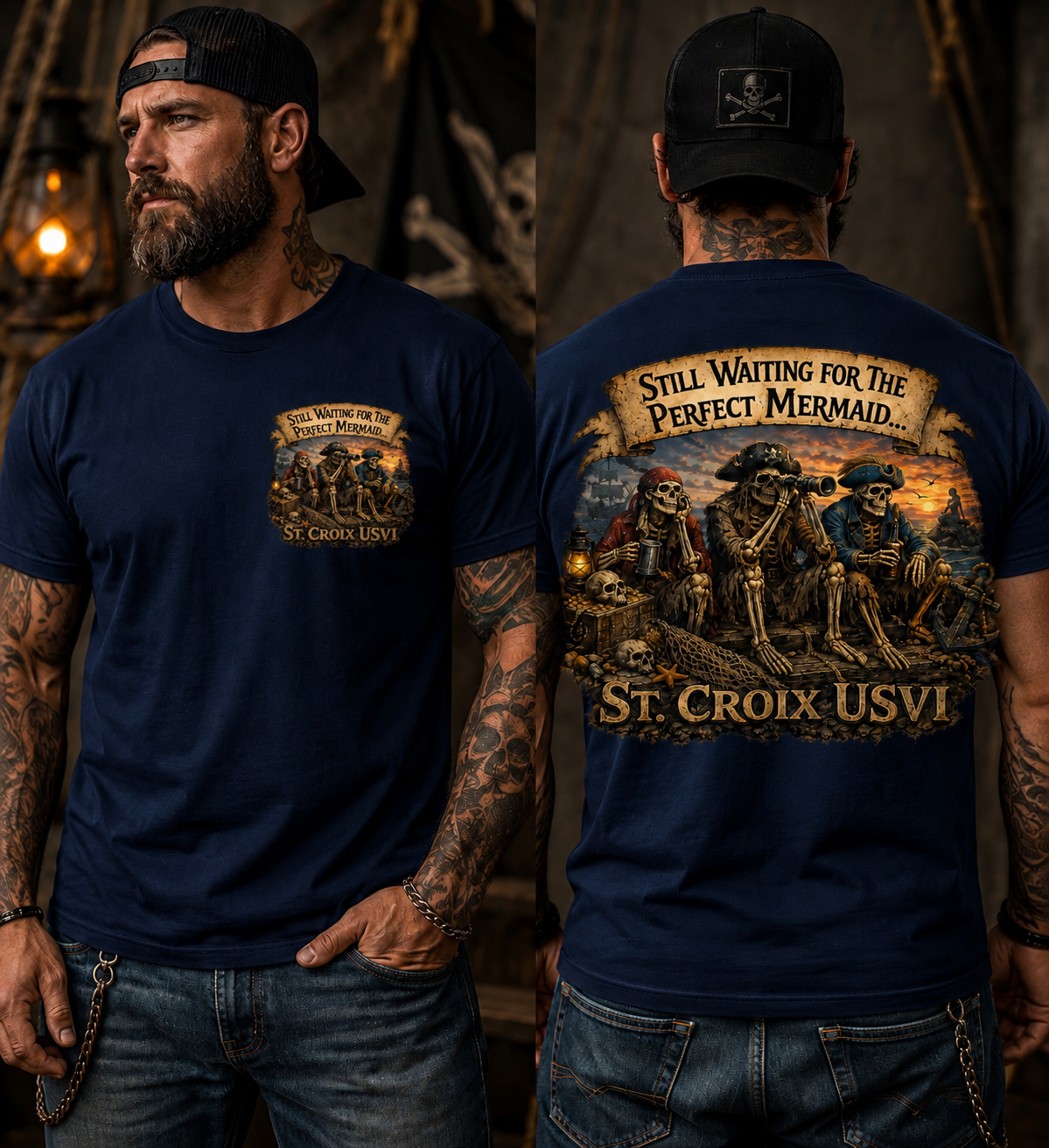 Still Waiting for the Perfect Mermaid™ Pirate Skeleton T-Shirt | St. Croix USVI